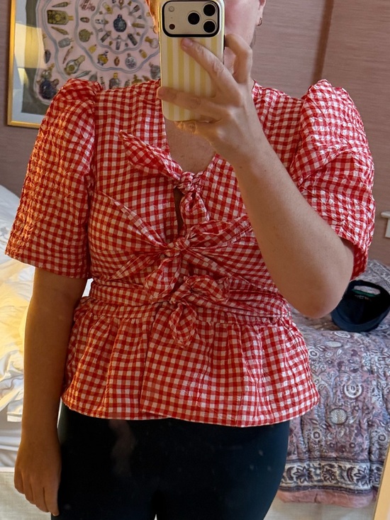 Ganni Tops - Red Gingham Puff-Sleeve Tie-Front Peplum Top